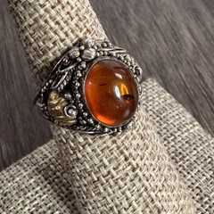 Vintage 925 Sterling Silver Genuine Amber Ring Cognac Cabochon Floral Sz 6.75