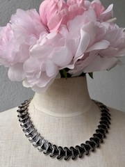 Vintage Signed MMA Ornamental Scroll Silver Tone Black Enamel Necklace S G2U
