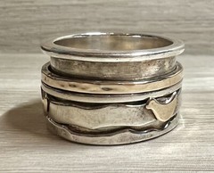 Vintage Designer (AIL) Sterling Silver & Gold Bird Wide Spinner Ring, Size 10