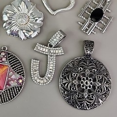 Vintage Silver Tone Pendant Lot of 13 Clear Rhinestones Enamel Chunky KC Best