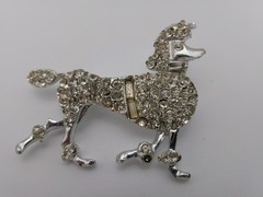 Vintage Poodle Dog Brooch Pin Mid Century Modern Rhinestones SIlvertone Unsigned