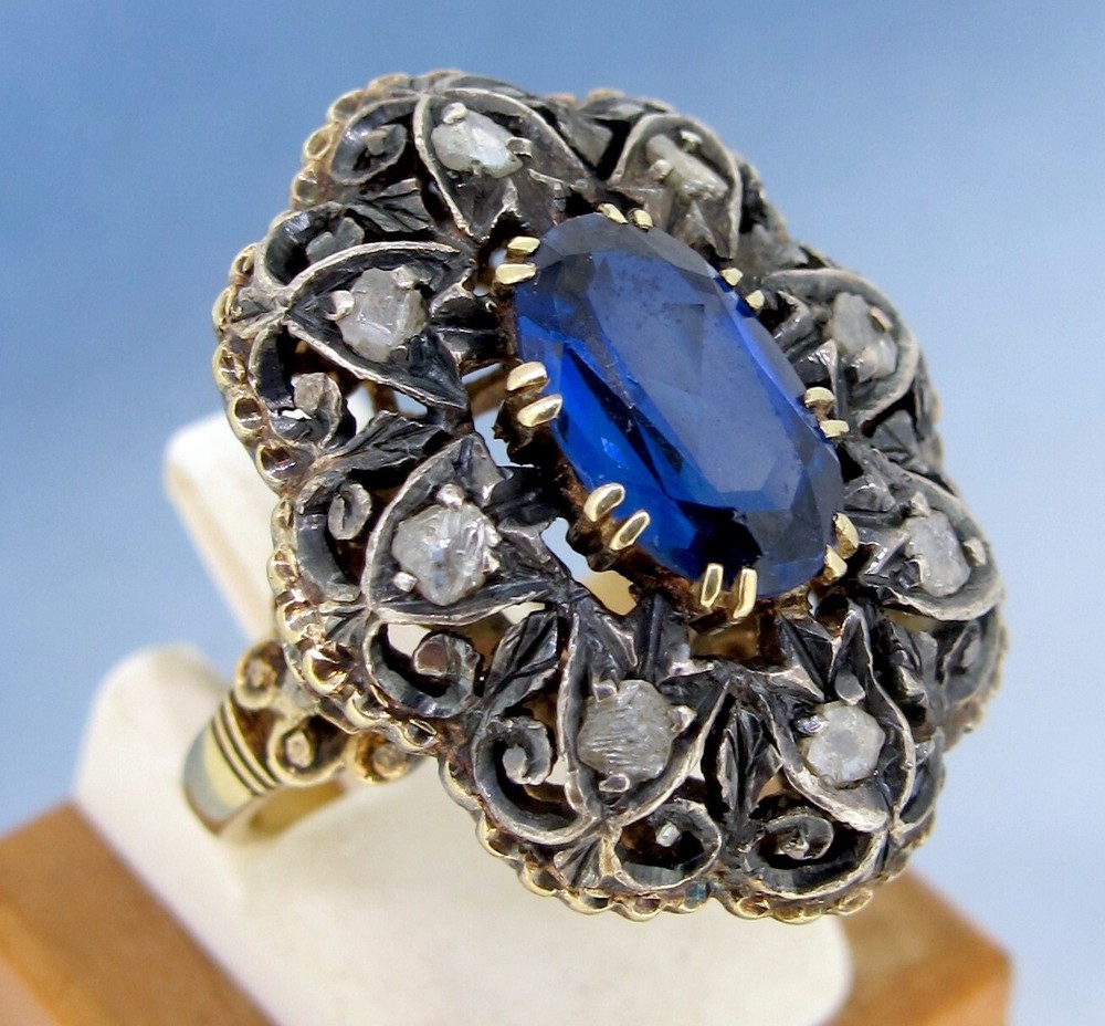 Diamonds Rose Cut 18k Gold Antique Ring 1.00 ct Sapphire Size 6.5