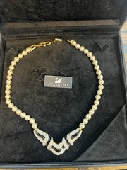 SWAROVSKI Pearl Glass Bead Black Enamel & Crystal Chevron Necklace Swan Logo