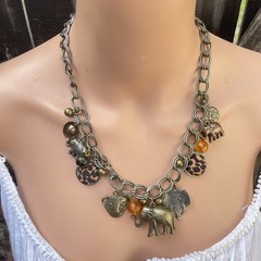 Vtg Elephant Bronze Tone Lion Charm Chunky Link Safari Statement Necklace 22″
