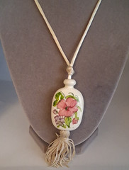 1970s Vintage Avon Ceramic Floral Pink Painted Pendant Necklace Silk Tassel 23″