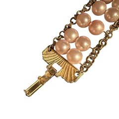 Vintage Gold Tone Pink Faux Pearl Double Row Chain Link Bracelet Fold Over Clasp
