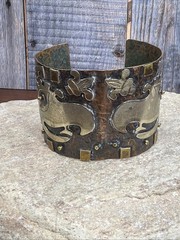 Vintage Mexico Mixed Metal Aztec Bracelet Sterling Copper Brass 8″