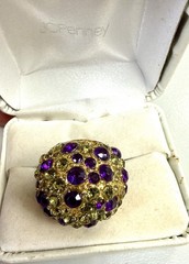Vintage Gold Tone Rhinestone Dome Ring Purple Green Cocktail Statement Size8