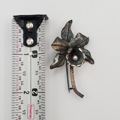 VTG Sterling Silver Orchid Flower Brooch 2in Faux Pearl Center Patina Estate