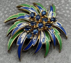 RARE VTG JOMAZ Blue Green Enamel Flower Cabochon Rhinestone Gold Tone Brooch Pin