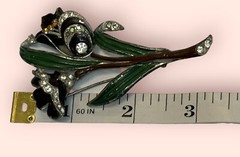 Large Figural Double Flower Brooch Enameled & Rhinestone Vintage Pot Metal