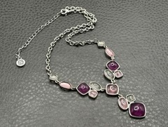 Napier 80s 90s Purple Pink Cabochon Station Silver Tone Necklace 16-18”