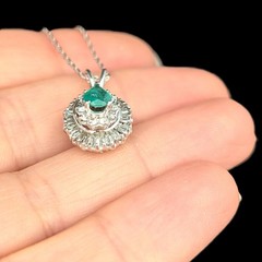 Vintage Emerald Baguette Cut Diamonds 14k White Gold Ballerina Pendant Necklace