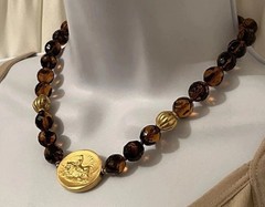 JADED Jewels NY Signed Etruscan Roman Coin Revival Glass Beaded Pendant Necklace