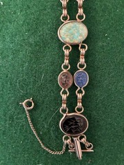 Vintage Scarab Bracelet Double Link w/ Safety Chain Clasp & Gold Tone Brooch Pin