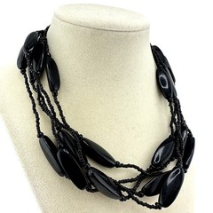 Vintage Style Black Acrylic Beaded Layered Look Elegant 19” Silver Tone Necklace