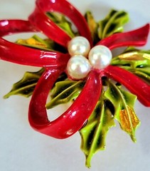 Vintage ART Arthur Pepper Holiday Brooch Spray Greens Fx.Pearls Red Enamel Bow