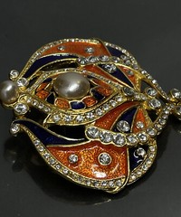 Vintage Designer Art Deco Style Dragon’s Breath Rhinestone Enamel Faux Pearl✨