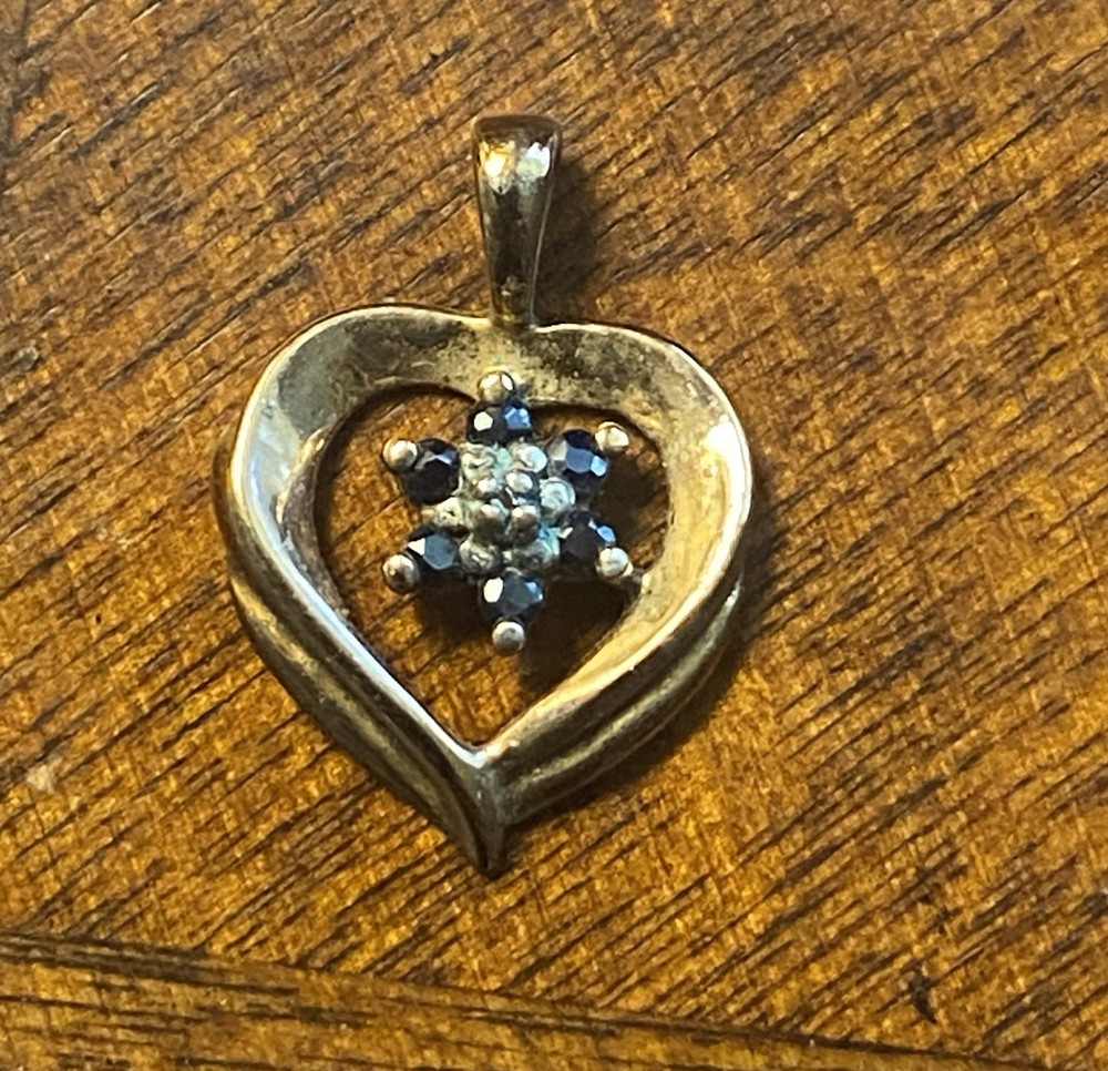 Vintage 925 Sterling Heart Diamond & Sapphire Pendant