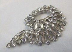 High End Prong Set Clear Rhinestone Brooch w/Baguette Stones Silver Tone Swirly