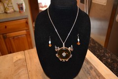 ONE OF A KIND, CUSTOM MADE .925 STERLING SILVER AND AMBER NECKLACE AND EARINGS.