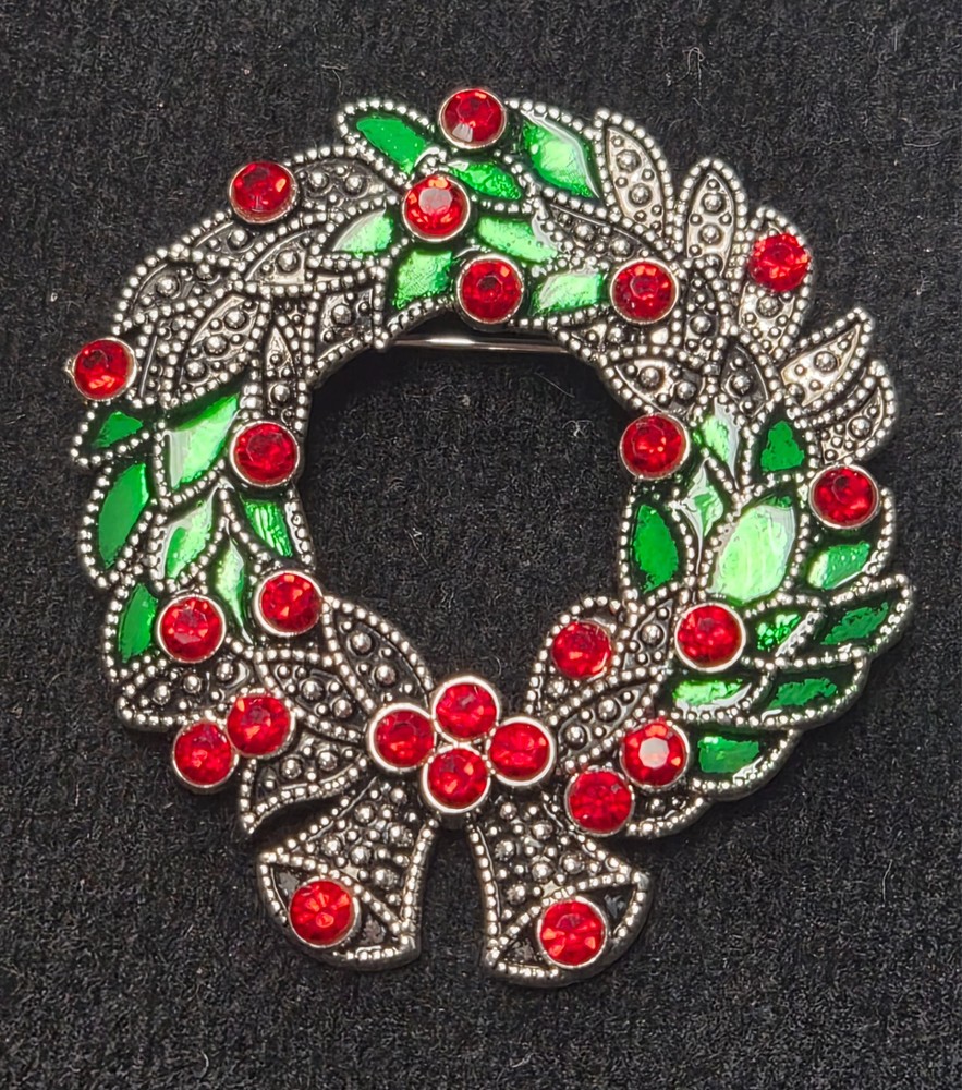 Estate Antiqued Silver Tone & Red Rhinestone Christmas Wreath Pin / Brooch