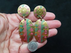 Vintage 1980’s Brass Metal w/Colorful Brites Dangle Pierced Earrings