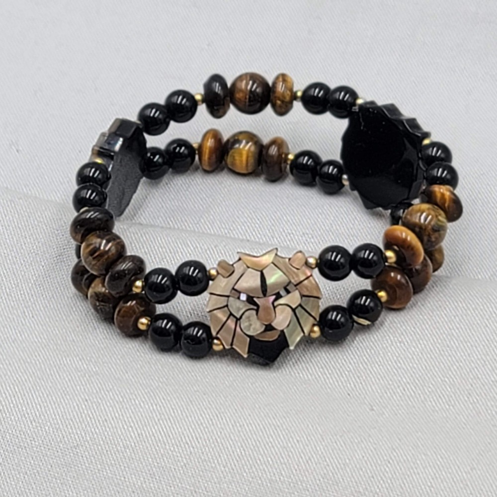 Lee Sands Bracelet Lion Face Zodiac Leo Tiger’s Eye Bead Stretch 6.25″