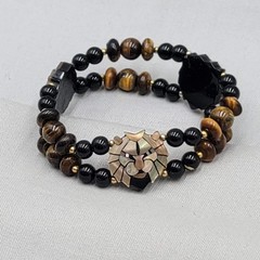 Lee Sands Bracelet Lion Face Zodiac Leo Tiger’s Eye Bead Stretch 6.25″