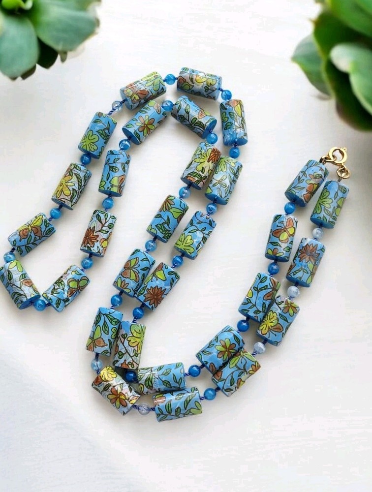 Vintage Blue Polymer Clay Barrel Beads Butterfly Floral Printed Design Necklace