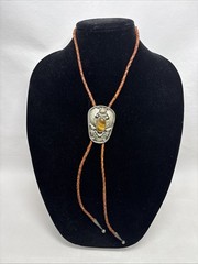 Vintage Tooled Alpaca Silver Tiger’s Eye Bolo Tie Braided Leather Southwestern