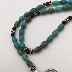 925 Sterling Silver Natural Turquoise & Black Onyx Flower Necklace 20” #42