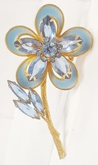 Vintage Blue Glass Rhinestone Enamel Flower Brooch Marquise Round Gold Tone Pin