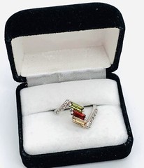 Vtg Silver Tone Birthstone Green Red Yellow Glass Rhinestones Ring Sz 7.5