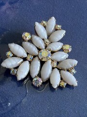 Vtg Rectangle GoldTone Brooch AB Rhinestone White Milk Glass Marquise Stones B30