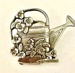 SIGNED Birds & Blooms Garden Watering Can Brooch LE 2000 Silver Tone 1.5”
