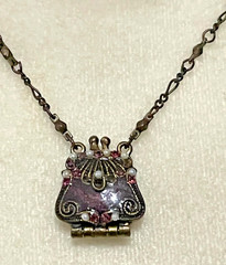 Vintage VCLM Brass Tone Purse Brown Rhinestone Locket Pendant Necklace