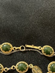 Vintage Gold Plated Nephrite Jade Link Bracelet Oval Cabochon Safety Chain 7″