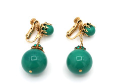 Vintage Vendome Signed Green Ball & Rhinestones Dangle Drop Clip On Earrings