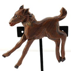 Vintage Carve Wood & Leather Collar Colt Foal Horse Running Bucking Brooch Pin