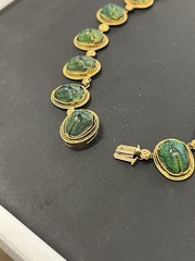 VICTORIAN EGYPTIAN REVIVAL SCARAB BEETLE NECKLACE – GILDED SILVER – 22″ L