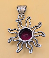 Vintage Sterling Silver 925 Mexico Sun Red Garnet Pendant 1″