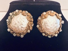 Vintage Miriam Haskell Brass Filigree Faux Pearl Clip On Earrings Mid Century