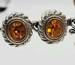 Vintage Clip on Earrings Orange Crystal Cable Twist Two tone Gold Silver .75 in