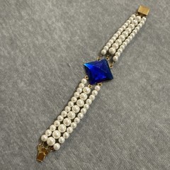 VTG 3 Strand Golden Faux Pearls Art Deco Style Blue Rhinestone Classic Elegant