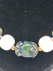Vintage White Natural Stone Infused Art Glass Aurora Bead Crystals 28” Necklace