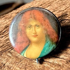 Antique Lithograph Portrait Pin Redhead Woman 1900s Metal Novelty Brooch