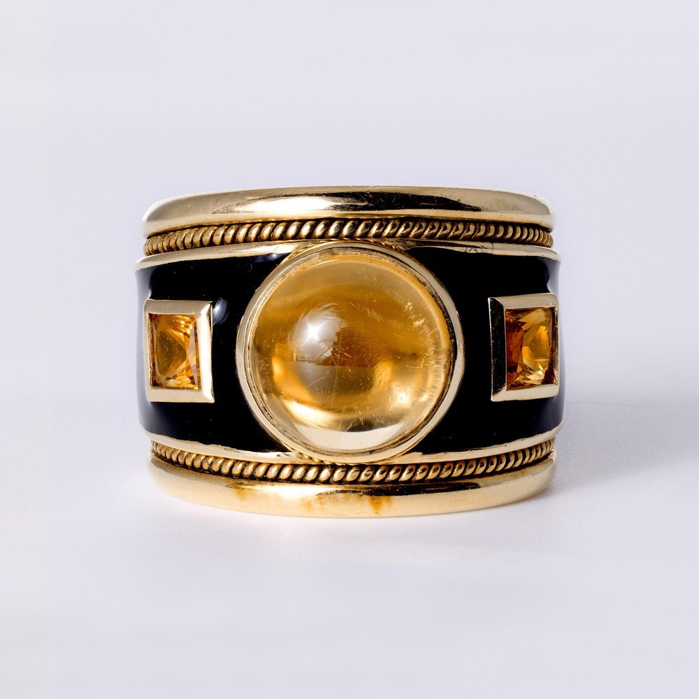 Vintage Mid Century Modern Citrine Black Enamel Wide Cigar Band Ring