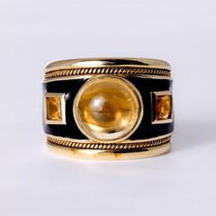 Vintage Mid Century Modern Citrine Black Enamel Wide Cigar Band Ring