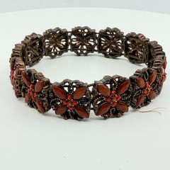 Vintage Boho Floral Bracelet Burnished Copper with Red Stones